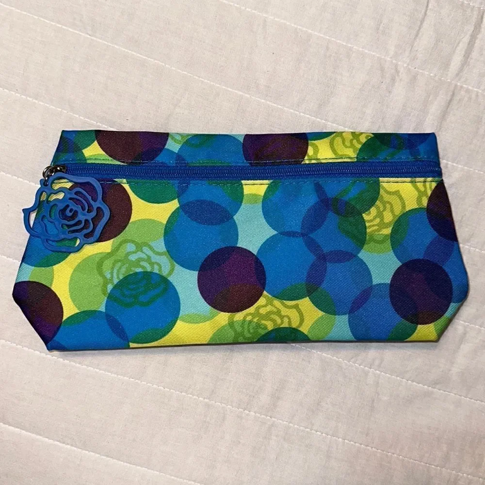 Lancome Paris Green Blue Yellow Purple Floral Circles Make up Cosmetic Zip Bag
